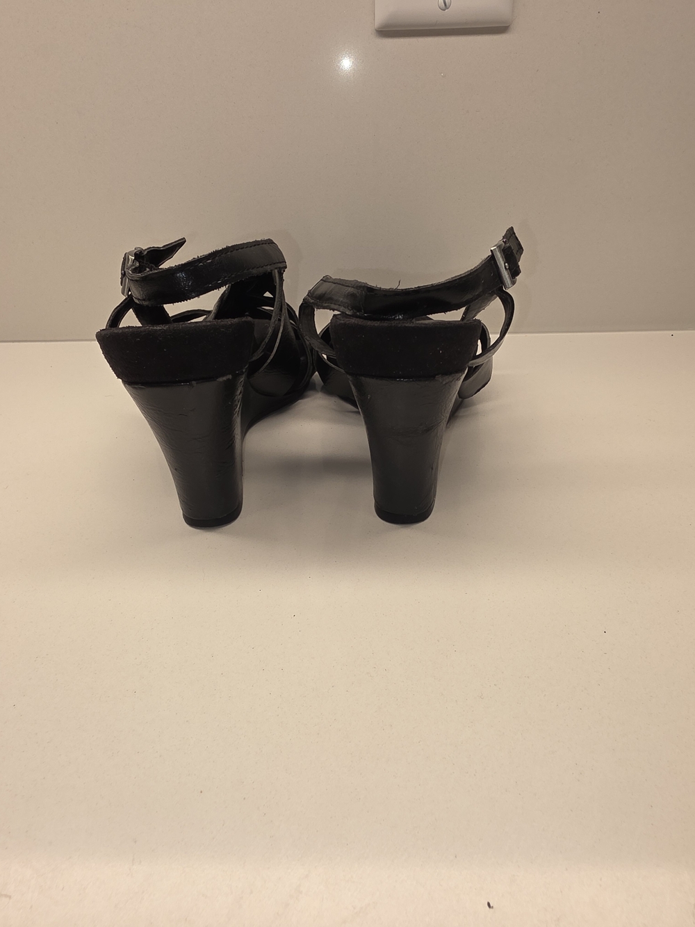 AEROSOLES Black Strappy Leather Wedge Sandals - Women - Picture 3 of 8